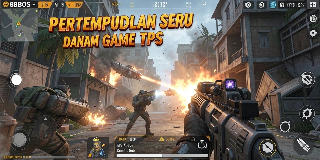 Screenshot menunjukkan aksi pertempuran intens di dalam permainan TPS.