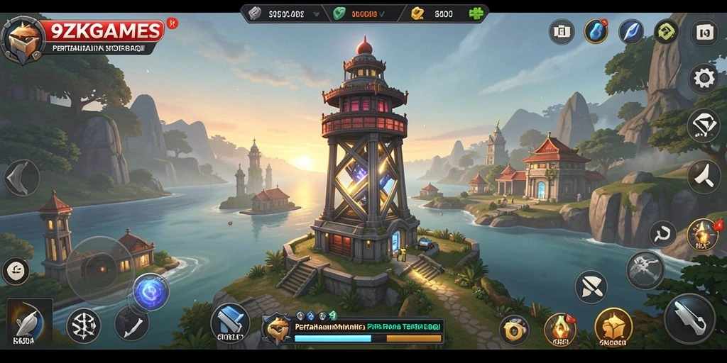 Screenshot 9ZKGAMES menampilkan aksi menara pertahanan yang intens.