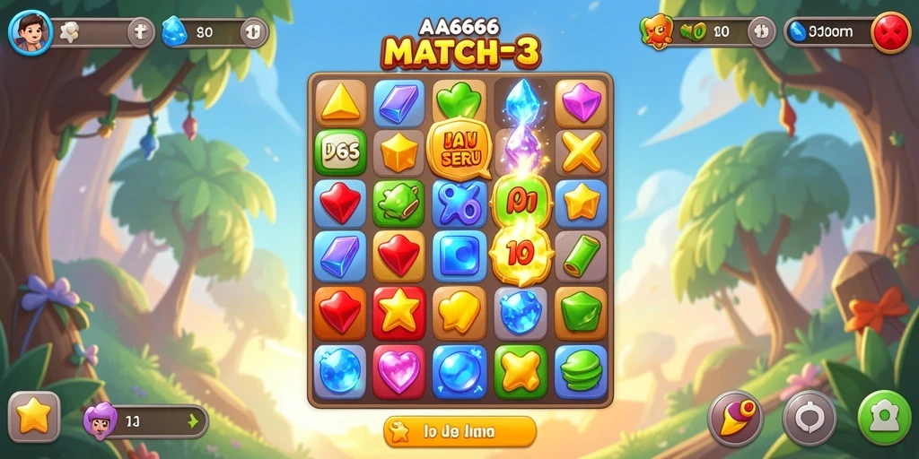 Tampilan gameplay Match-3 yang seru dan penuh warna di AA666.
