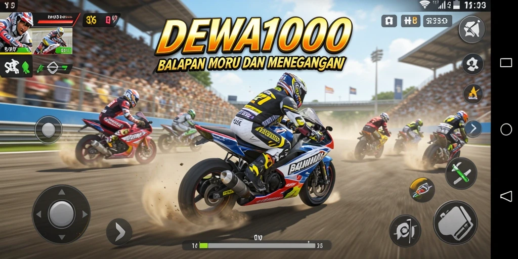Screenshot gameplay DEWA1000 menunjukkan aksi balapan motor yang mendebarkan.