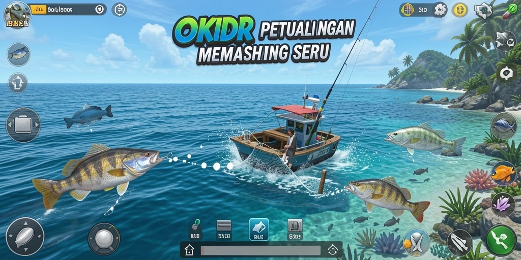 Screenshot gameplay OKIDR menampilkan keseruan memancing di laut.