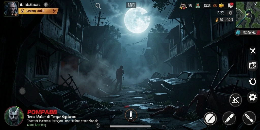 Screenshot utama POMPA88 menampilkan karakter dalam situasi tegang.